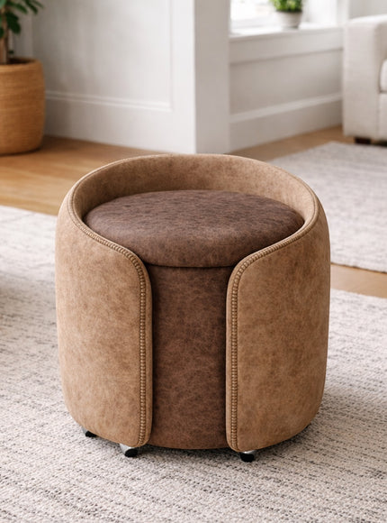 Vaya Home Barrel round storage ottoman in brown upholstery, styled in a modern living room.