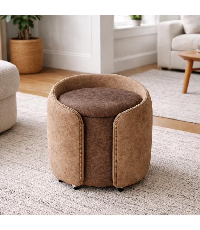 Vaya Home Barrel round storage ottoman in brown upholstery, styled in a modern living room.