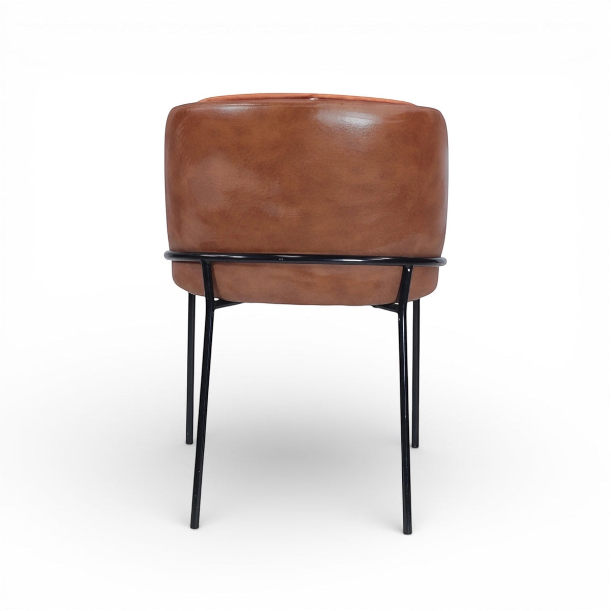 Back view of the Vaya Home Batata dining chair featuring brown upholstery and slim black metal legs.