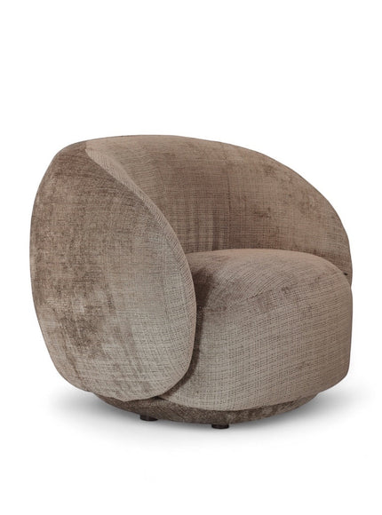 Angled view of the Vaya Home Beige Cloud accent chair with rounded silhouette and beige textured upholstery.