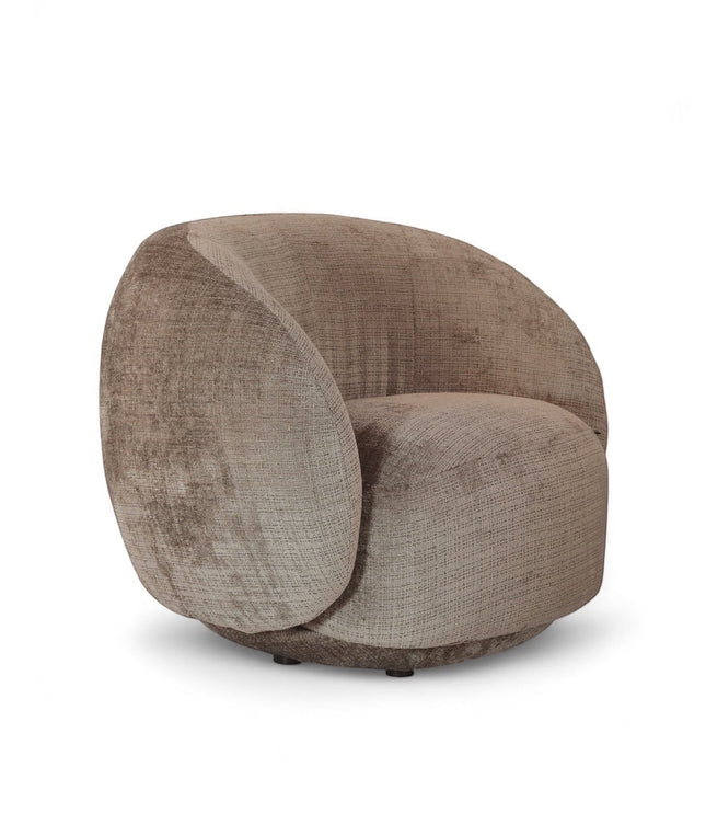 Angled view of the Vaya Home Beige Cloud accent chair with rounded silhouette and beige textured upholstery.