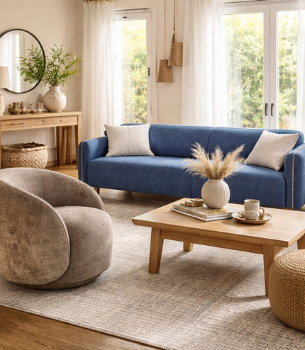 Vaya Home Beige Cloud accent chair in beige upholstery, styled in a bright modern living room beside the Blaire sofa.