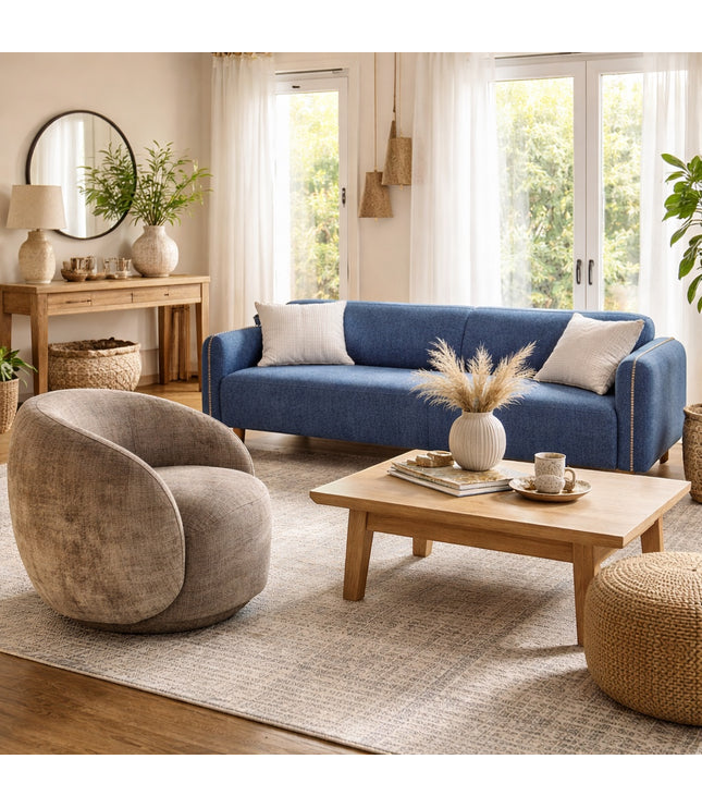 Vaya Home Beige Cloud accent chair in beige upholstery, styled in a bright modern living room beside the Blaire sofa.