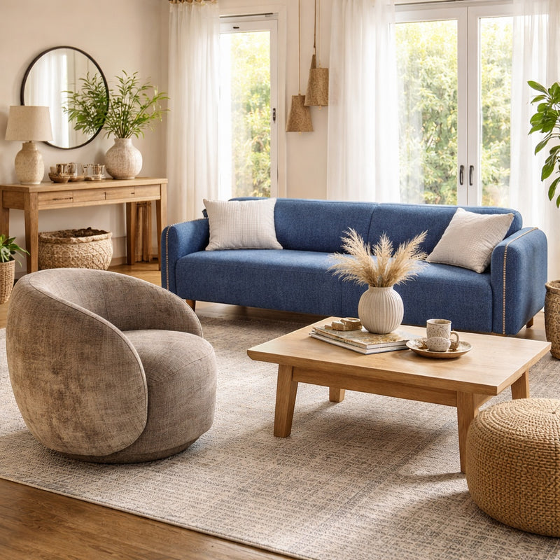 Vaya Home Beige Cloud accent chair in beige upholstery, styled in a bright modern living room beside the Blaire sofa.
