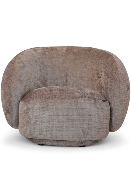 Front view of the Vaya Home Beige Cloud accent chair featuring a rounded backrest, curved arms, and beige upholstery.