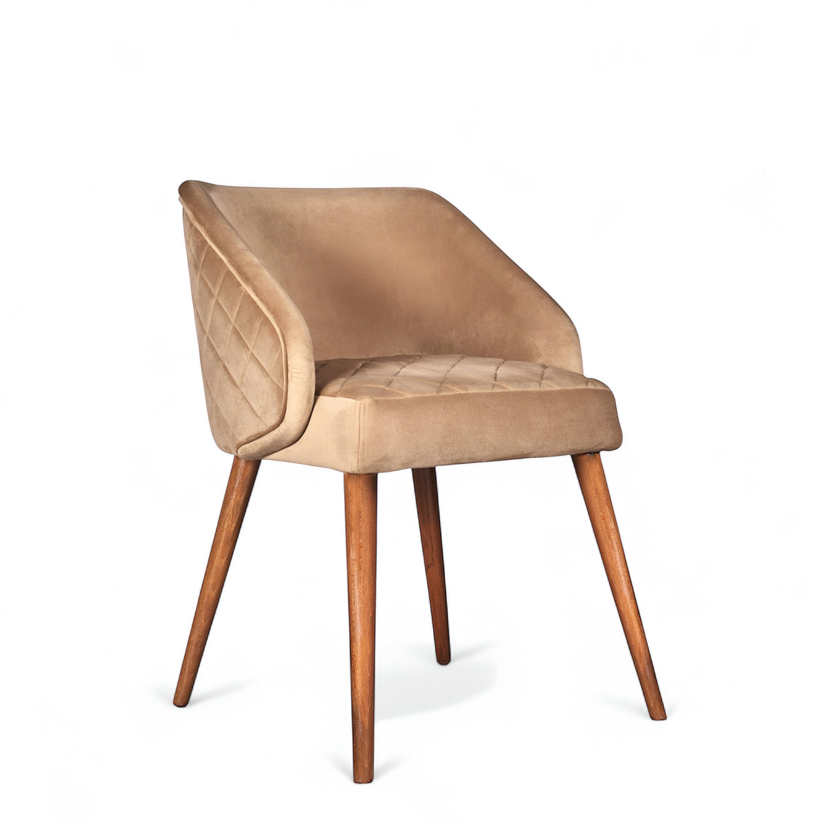 Front angled view of the Vaya Home Biscotta dining chair with beige upholstery, curved arm detail, and tapered wood legs.