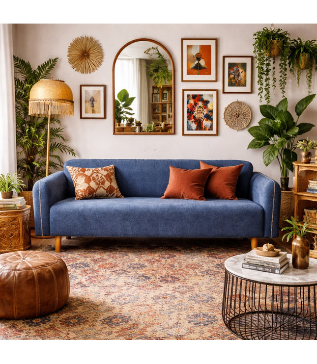 Vaya Home Blaire sofa in blue upholstery, styled in a warm eclectic living room with accent cushions.