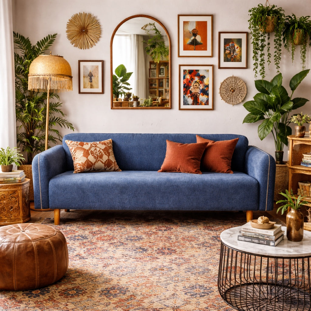Vaya Home Blaire sofa in blue upholstery, styled in a warm eclectic living room with accent cushions.