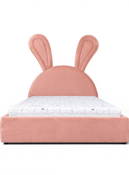 Front view of the Vaya Home Bunny kids bed with pink upholstery, a rounded headboard, and oversized bunny ear detailing.