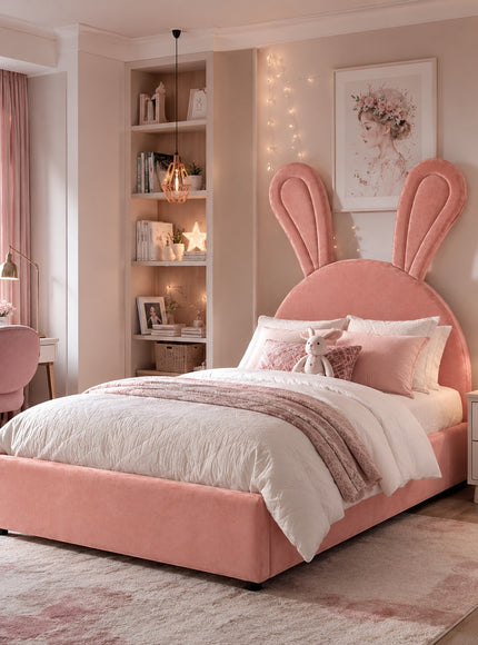 Vaya Home Bunny kids bed in pink upholstery with a bunny ear headboard, styled in a soft pastel bedroom.
