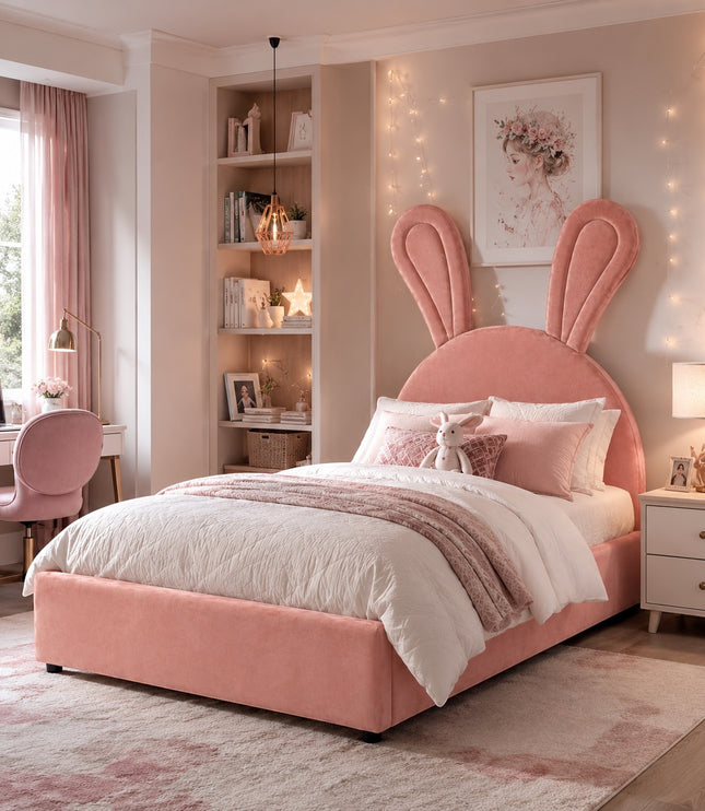 Vaya Home Bunny kids bed in pink upholstery with a bunny ear headboard, styled in a soft pastel bedroom.