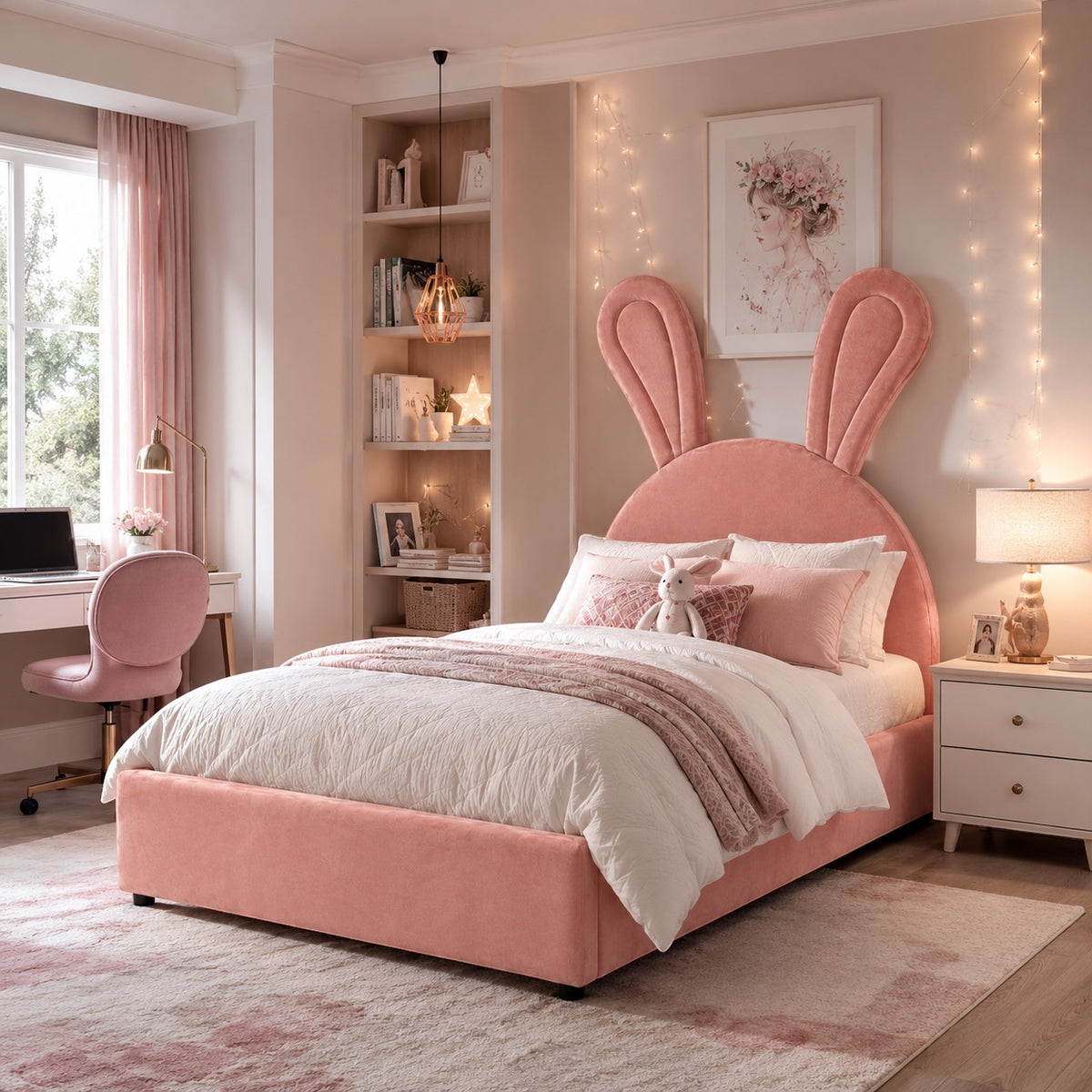 Vaya Home Bunny kids bed in pink upholstery with a bunny ear headboard, styled in a soft pastel bedroom.
