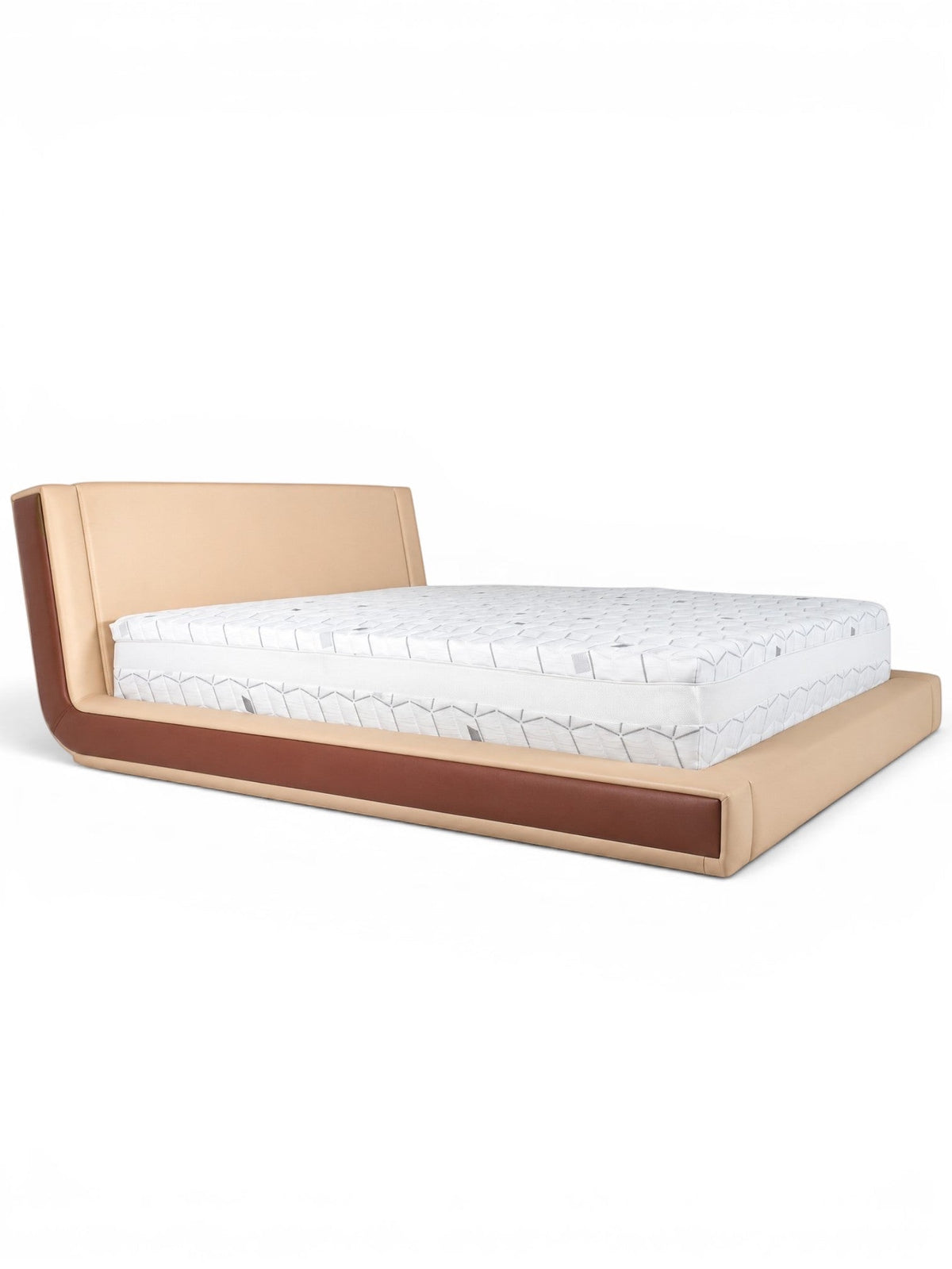 Front angled view of the Vaya Home Camelia bed with beige upholstery, a low platform frame, and warm brown side detailing.