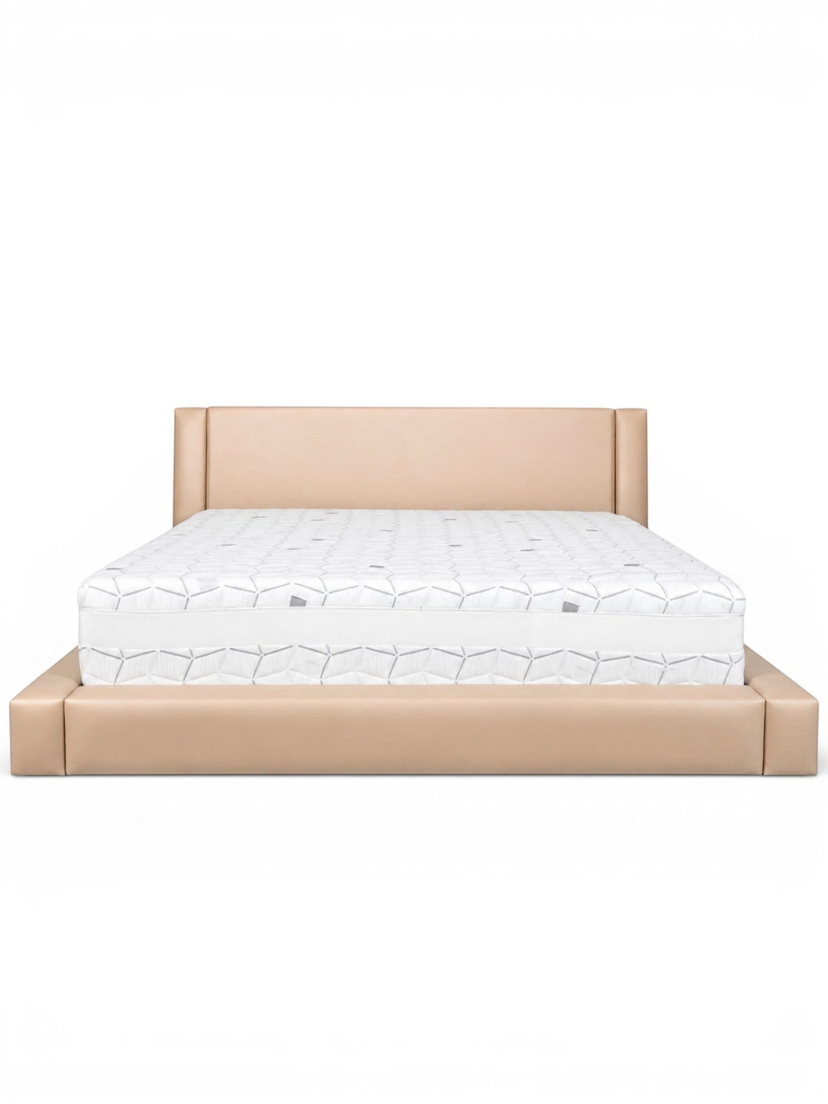 Front view of the Vaya Home Camelia upholstered platform bed with a low-profile frame and beige headboard.