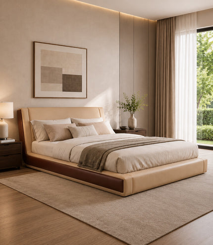 Vaya Home Camelia upholstered platform bed in beige with warm brown side detailing, styled in a modern bedroom.