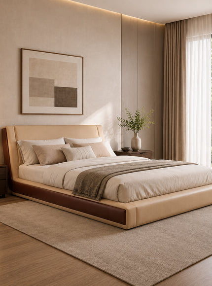 Vaya Home Camelia upholstered platform bed in beige with warm brown side detailing, styled in a modern bedroom.
