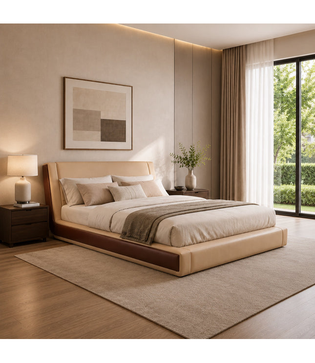 Vaya Home Camelia upholstered platform bed in beige with warm brown side detailing, styled in a modern bedroom.