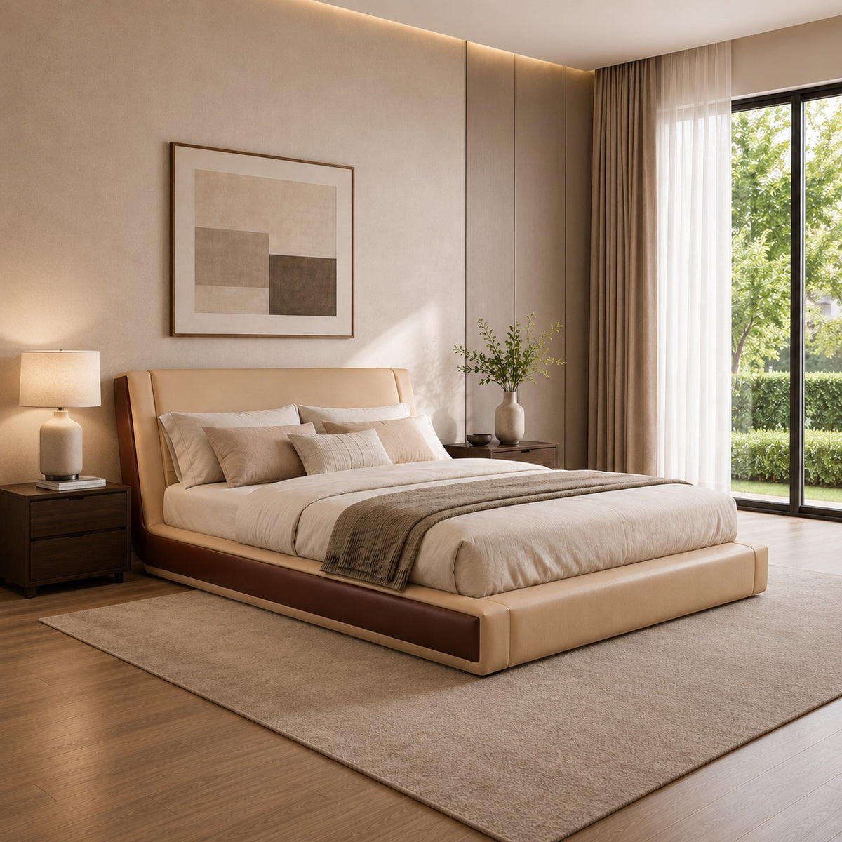 Vaya Home Camelia upholstered platform bed in beige with warm brown side detailing, styled in a modern bedroom.