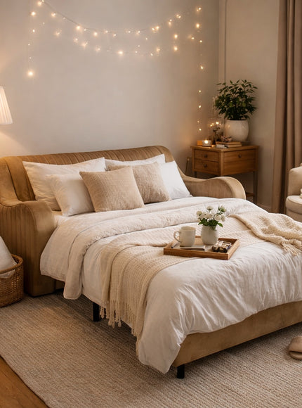 Vaya Home Cappuccino sofa bed in beige upholstery, styled in a cozy bedroom.