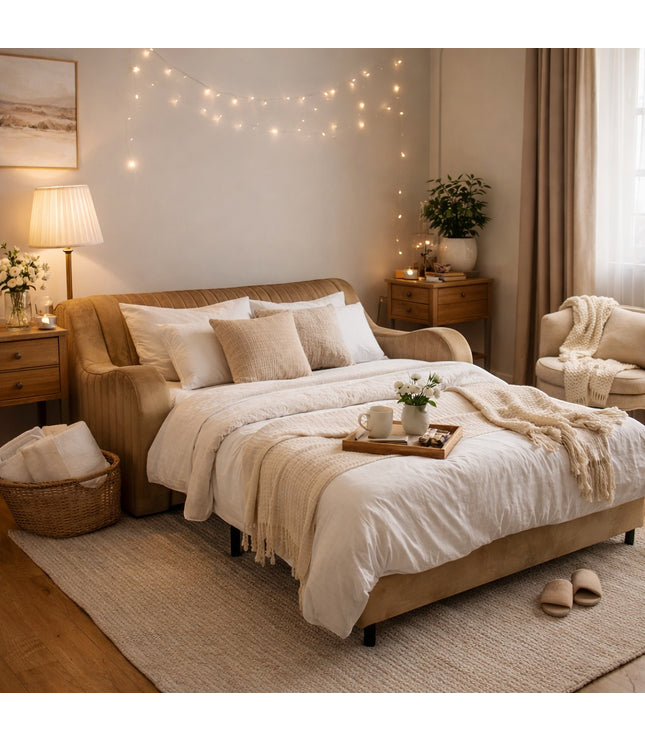 Vaya Home Cappuccino sofa bed in beige upholstery, styled in a cozy bedroom.