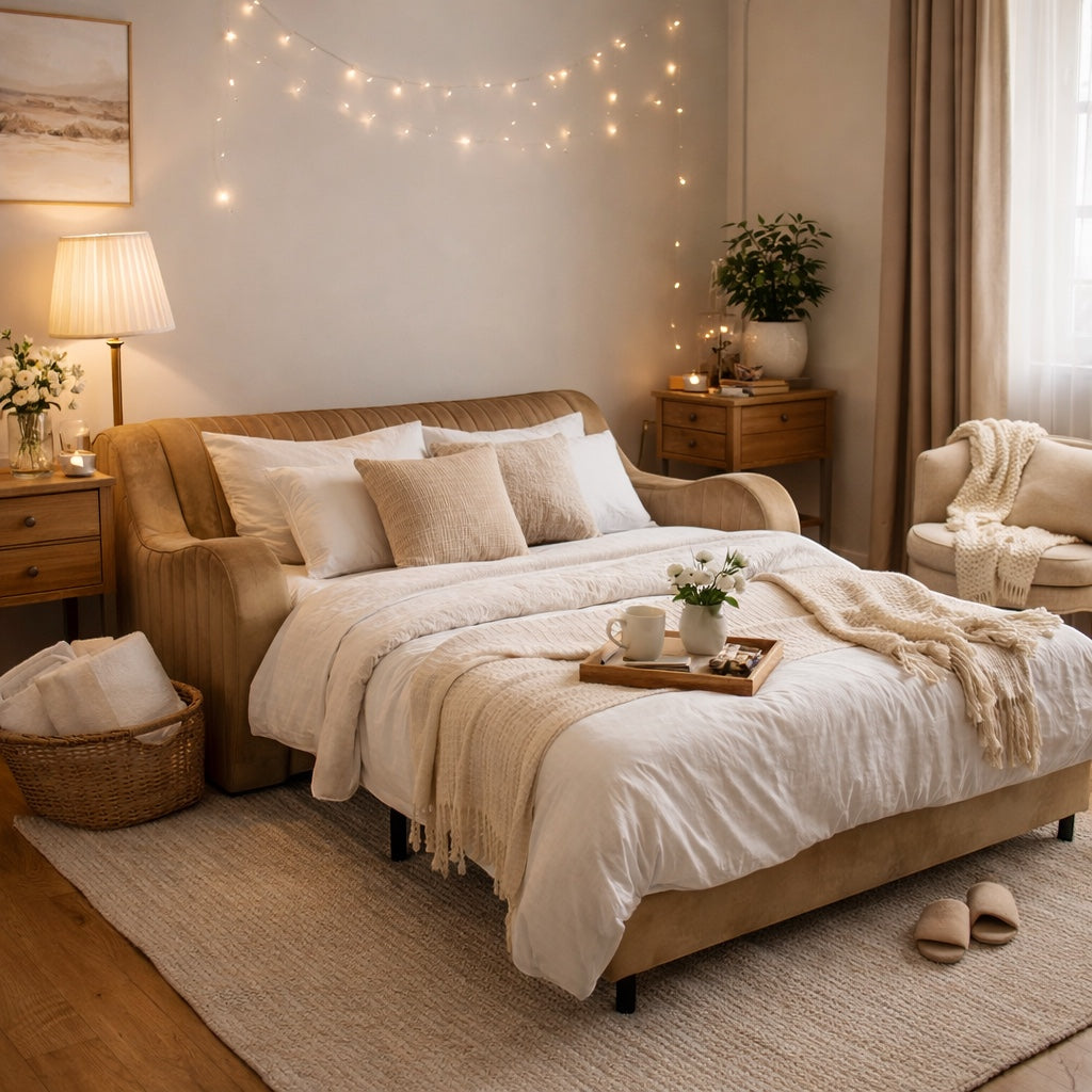 Vaya Home Cappuccino sofa bed in beige upholstery, styled in a cozy bedroom.