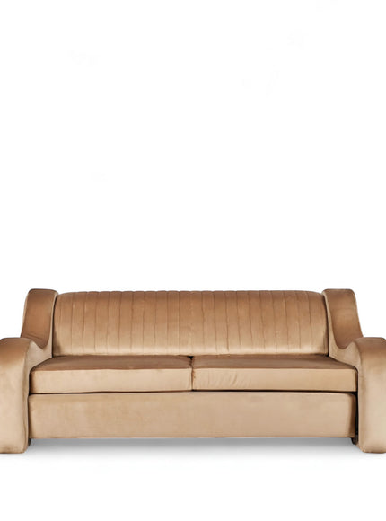 Front view of the Vaya Home Cappuccino sofa bed with beige upholstery, channel-tufted backrest, and rolled arms.