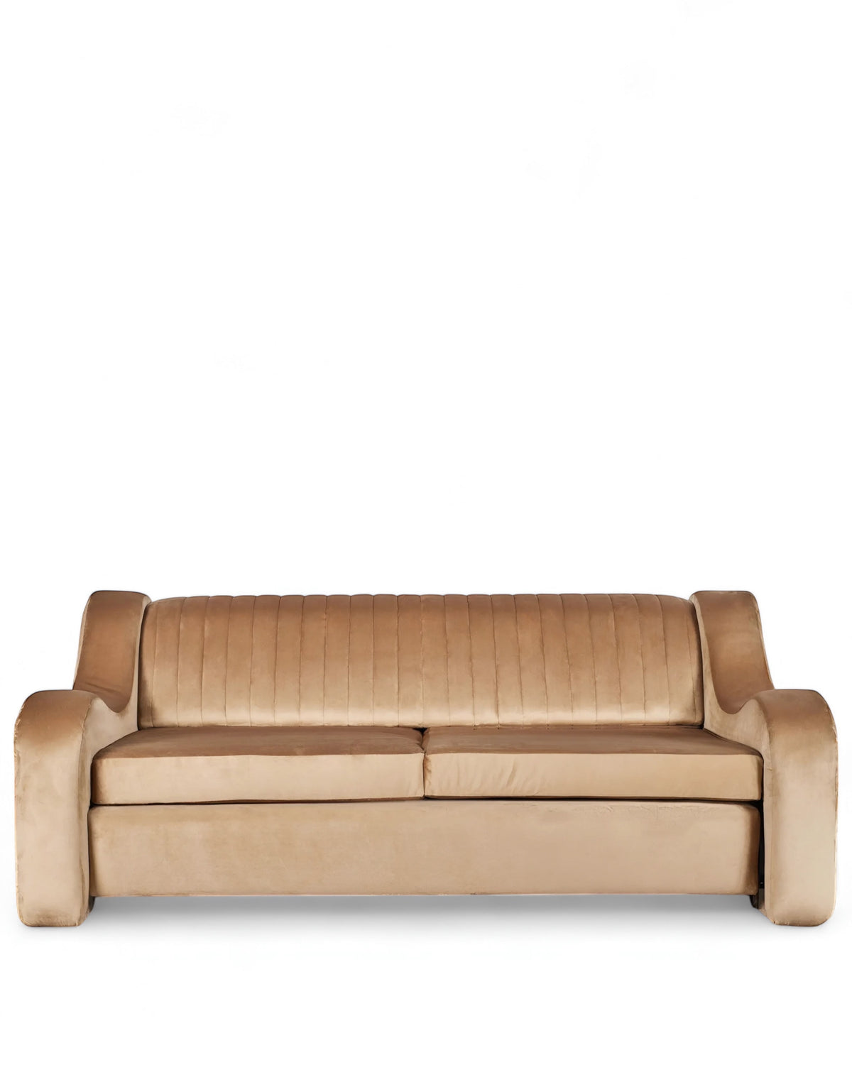 Front view of the Vaya Home Cappuccino sofa bed with beige upholstery, channel-tufted backrest, and rolled arms.