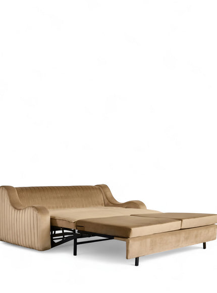 Vaya Home Cappuccino beige upholstered sofa bed opened into a sleeper with pull-out bed mechanism.