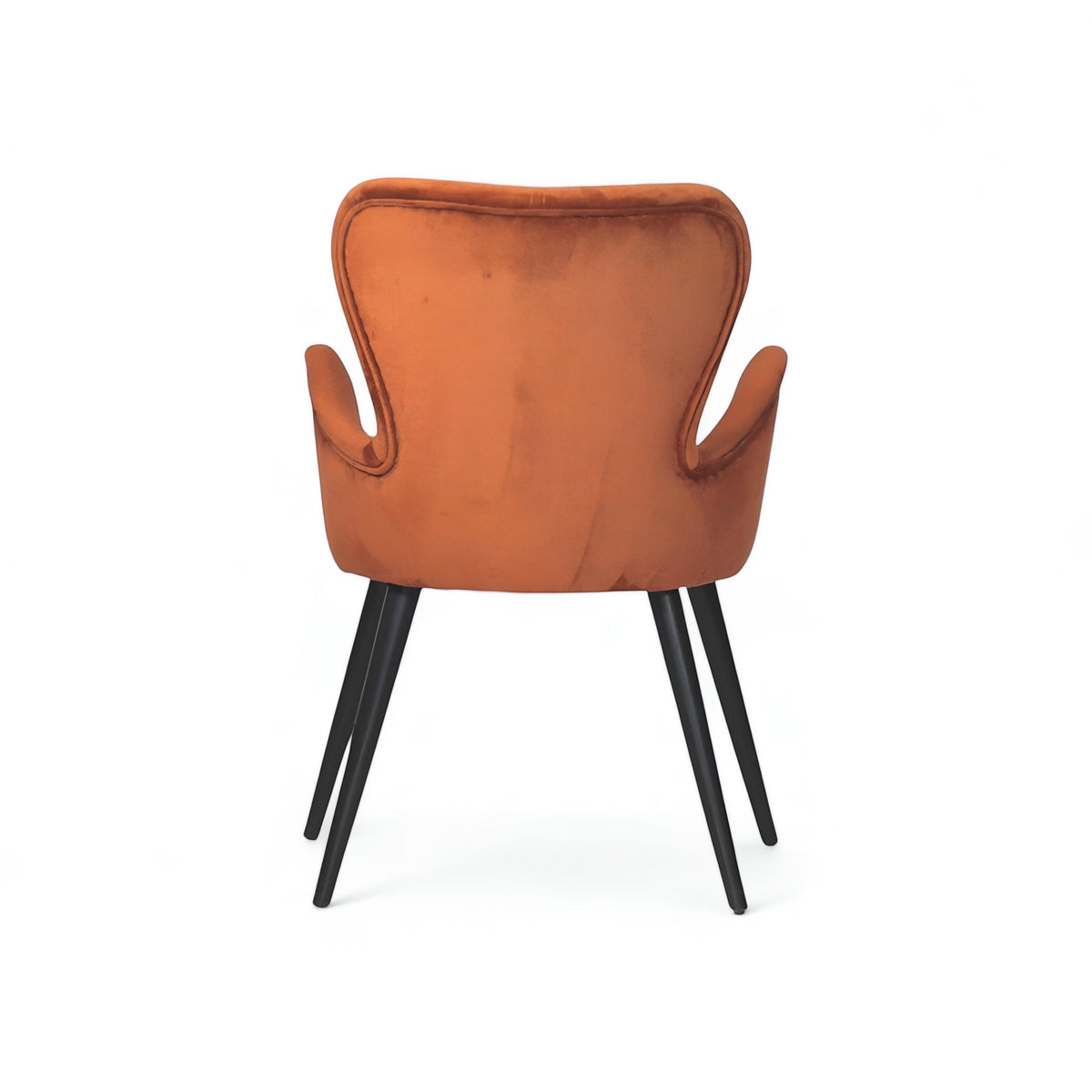 Back view of the Vaya Home Celebrity accent chair featuring orange upholstery, a curved backrest, and black tapered legs.