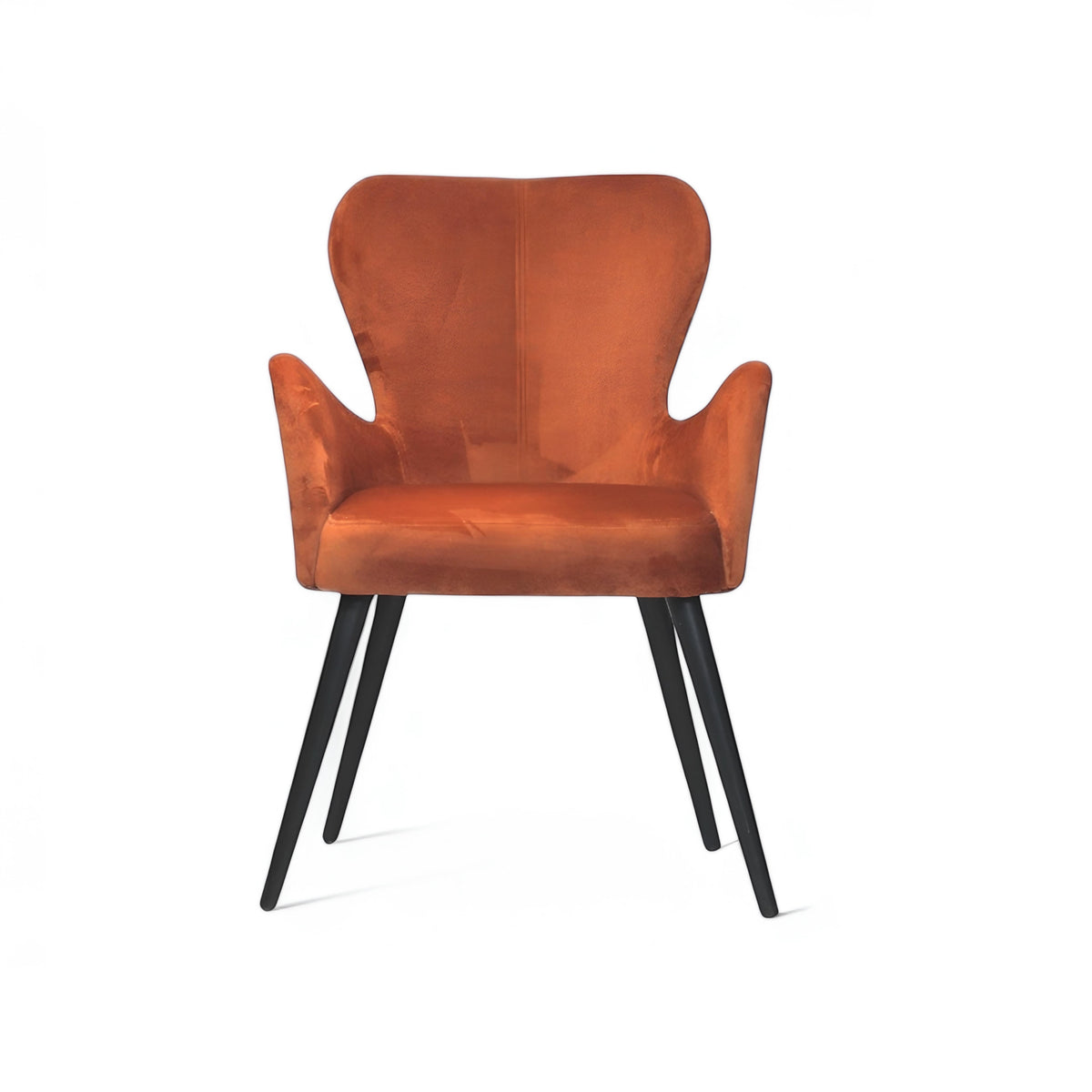 Front view of the Vaya Home Celebrity accent chair featuring orange upholstery, curved wings, and black tapered legs.