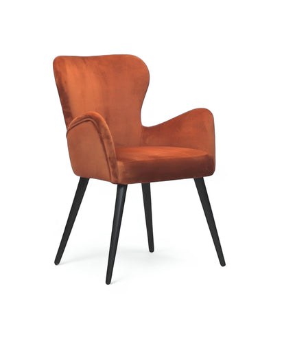 Product view of the Vaya Home Celebrity accent chair in orange upholstery with sculpted arms and black tapered legs.