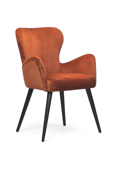 Product view of the Vaya Home Celebrity accent chair in orange upholstery with sculpted arms and black tapered legs.