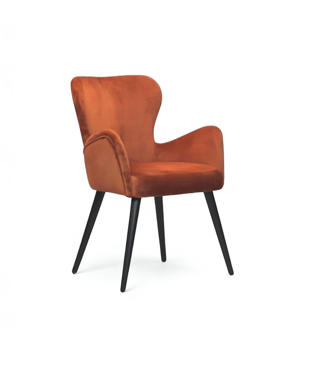 Product view of the Vaya Home Celebrity accent chair in orange upholstery with sculpted arms and black tapered legs.