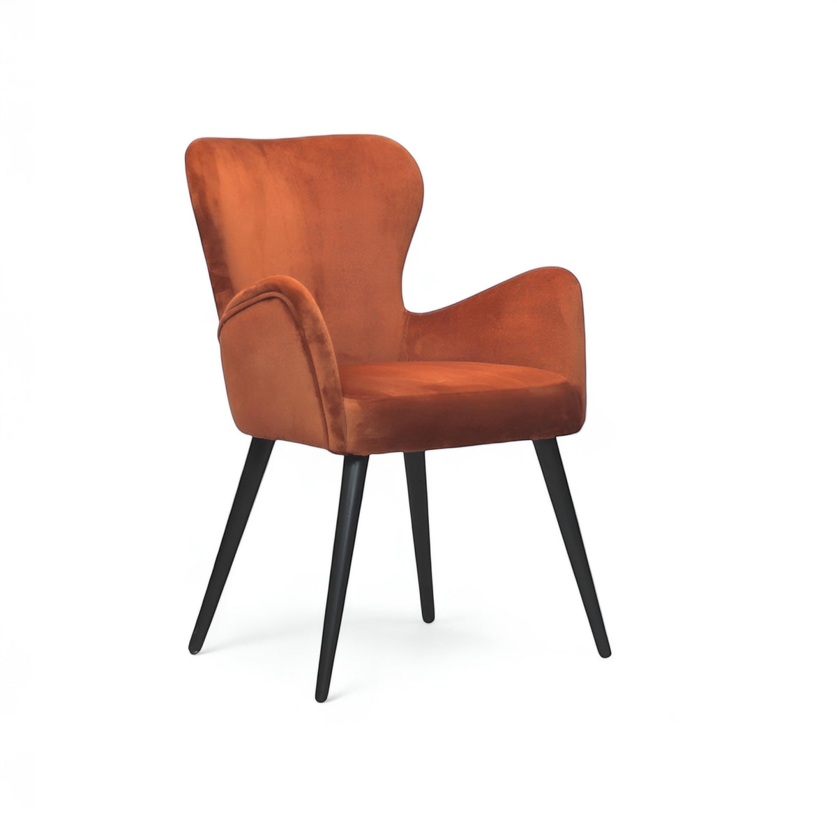 Product view of the Vaya Home Celebrity accent chair in orange upholstery with sculpted arms and black tapered legs.