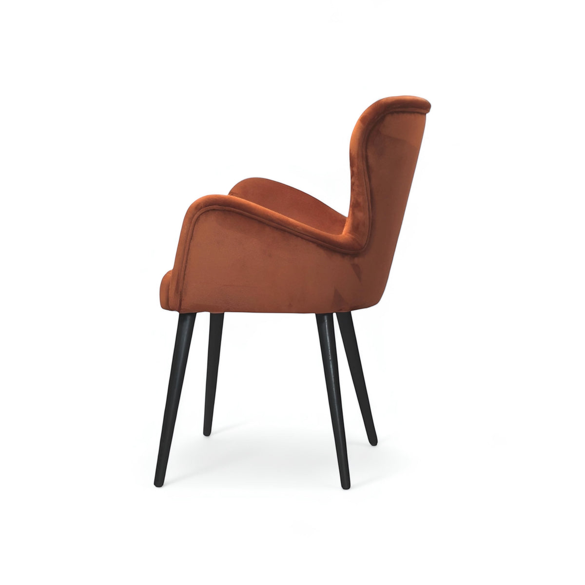 Opposite side view of the Vaya Home Celebrity accent chair featuring orange upholstery, sculpted arms, and black tapered legs.