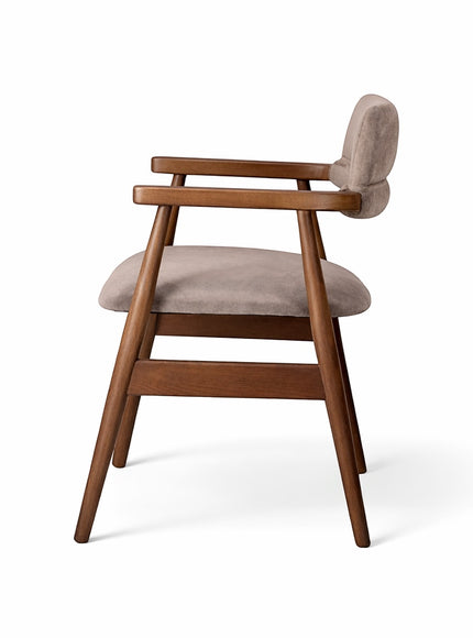 Back view of the Vaya Home Chairo dining chair with taupe upholstery, open back structure, and a warm wood frame.