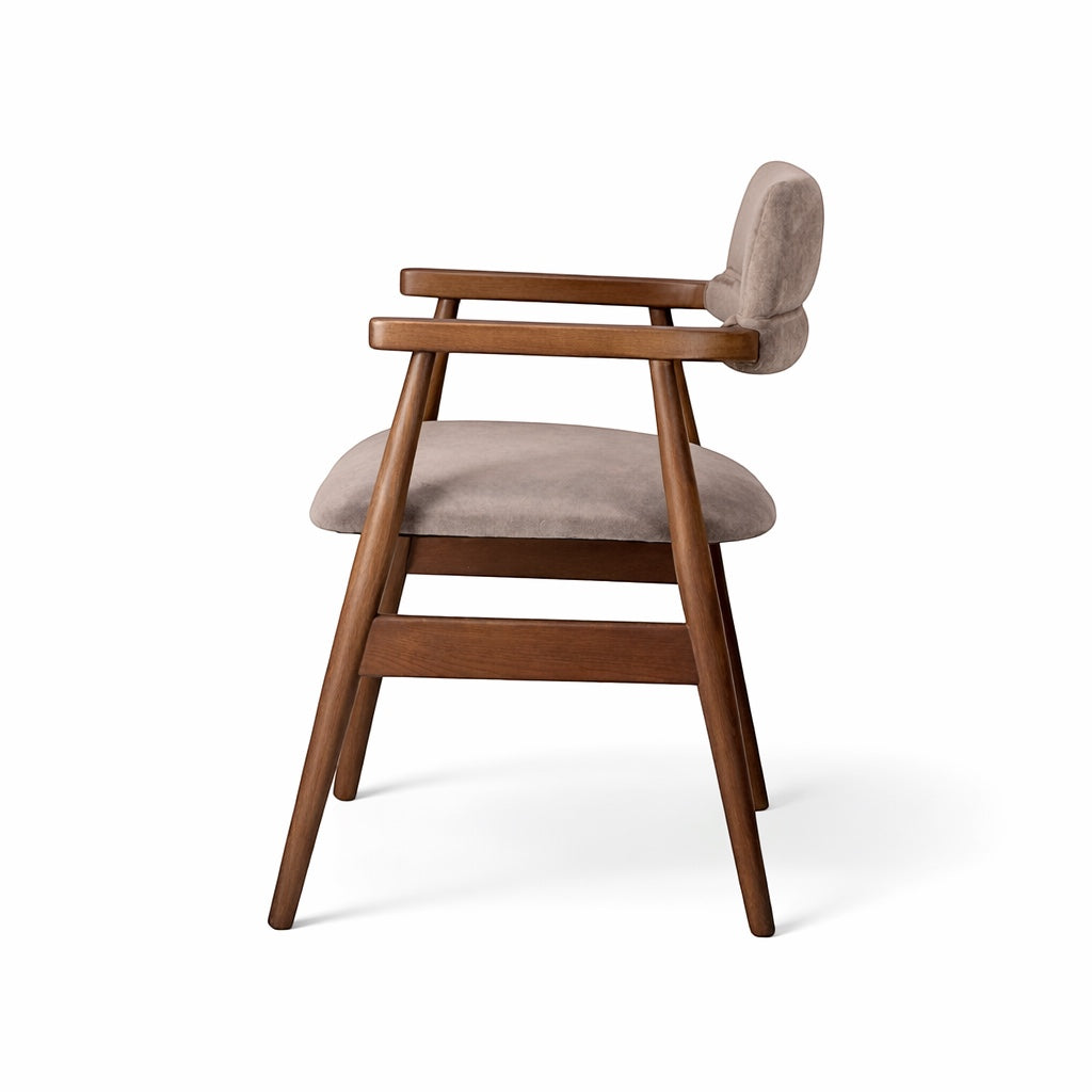 Back view of the Vaya Home Chairo dining chair with taupe upholstery, open back structure, and a warm wood frame.