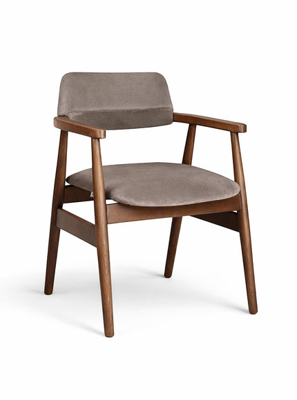Front angled view of the Vaya Home Chairo dining chair with taupe upholstery, curved seat and backrest, and a warm wood frame.