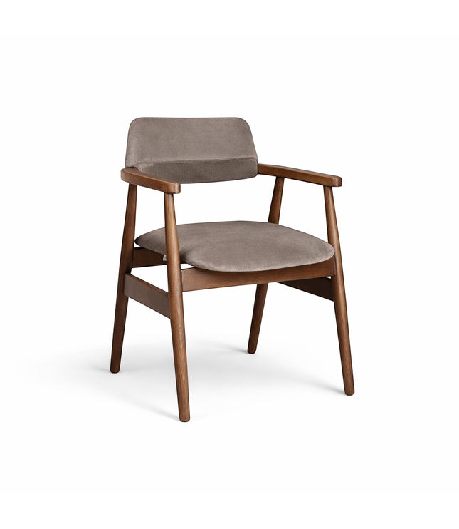 Front angled view of the Vaya Home Chairo dining chair with taupe upholstery, curved seat and backrest, and a warm wood frame.