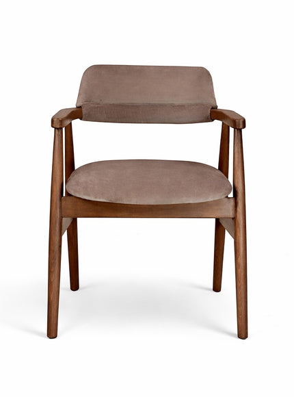 Front view of the Vaya Home Chairo dining chair featuring taupe upholstery, slim armrests, and a warm wood frame.