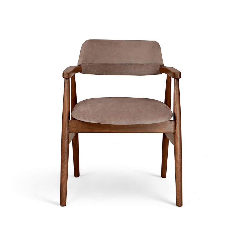 Front view of the Vaya Home Chairo dining chair featuring taupe upholstery, slim armrests, and a warm wood frame.