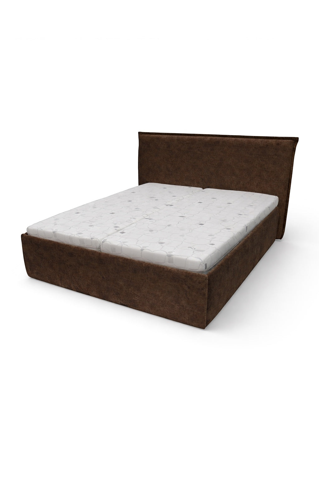 Side angled view of the Vaya Home Chester bed with brown faux leather upholstery and a clean-lined headboard.