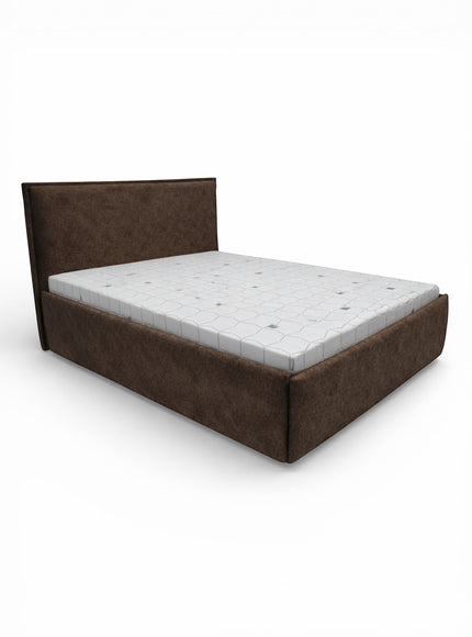 Angled front view of the Vaya Home Chester upholstered bed featuring a brown faux leather frame and low-profile headboard.