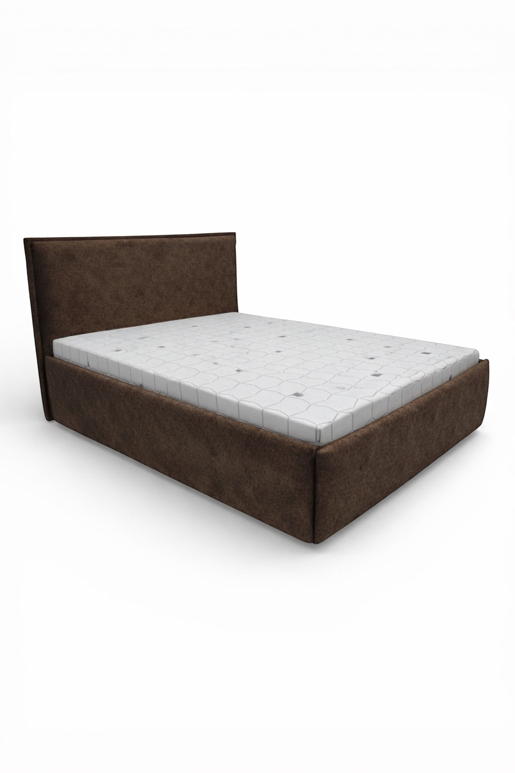 Angled front view of the Vaya Home Chester upholstered bed featuring a brown faux leather frame and low-profile headboard.