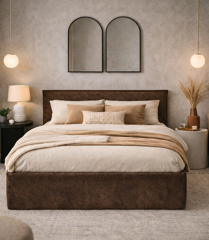 Vaya Home Chester upholstered bed in brown faux leather, styled in a modern bedroom.