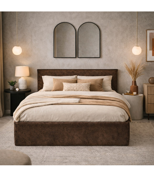 Vaya Home Chester upholstered bed in brown faux leather, styled in a modern bedroom.