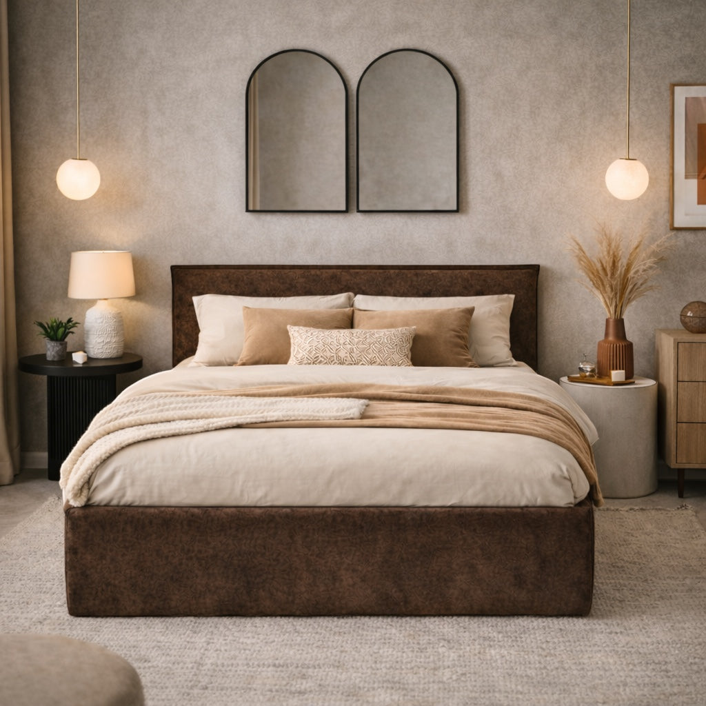 Vaya Home Chester upholstered bed in brown faux leather, styled in a modern bedroom.