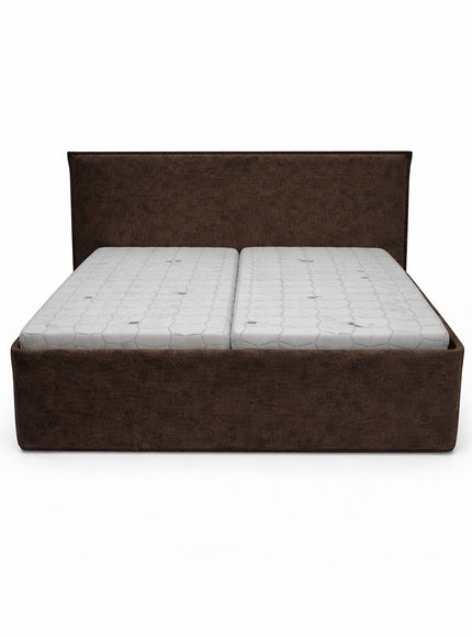 Front view of the Vaya Home Chester upholstered bed with a brown faux leather frame and straight headboard.