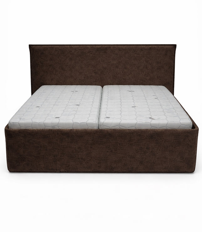 Front view of the Vaya Home Chester upholstered bed with a brown faux leather frame and straight headboard.