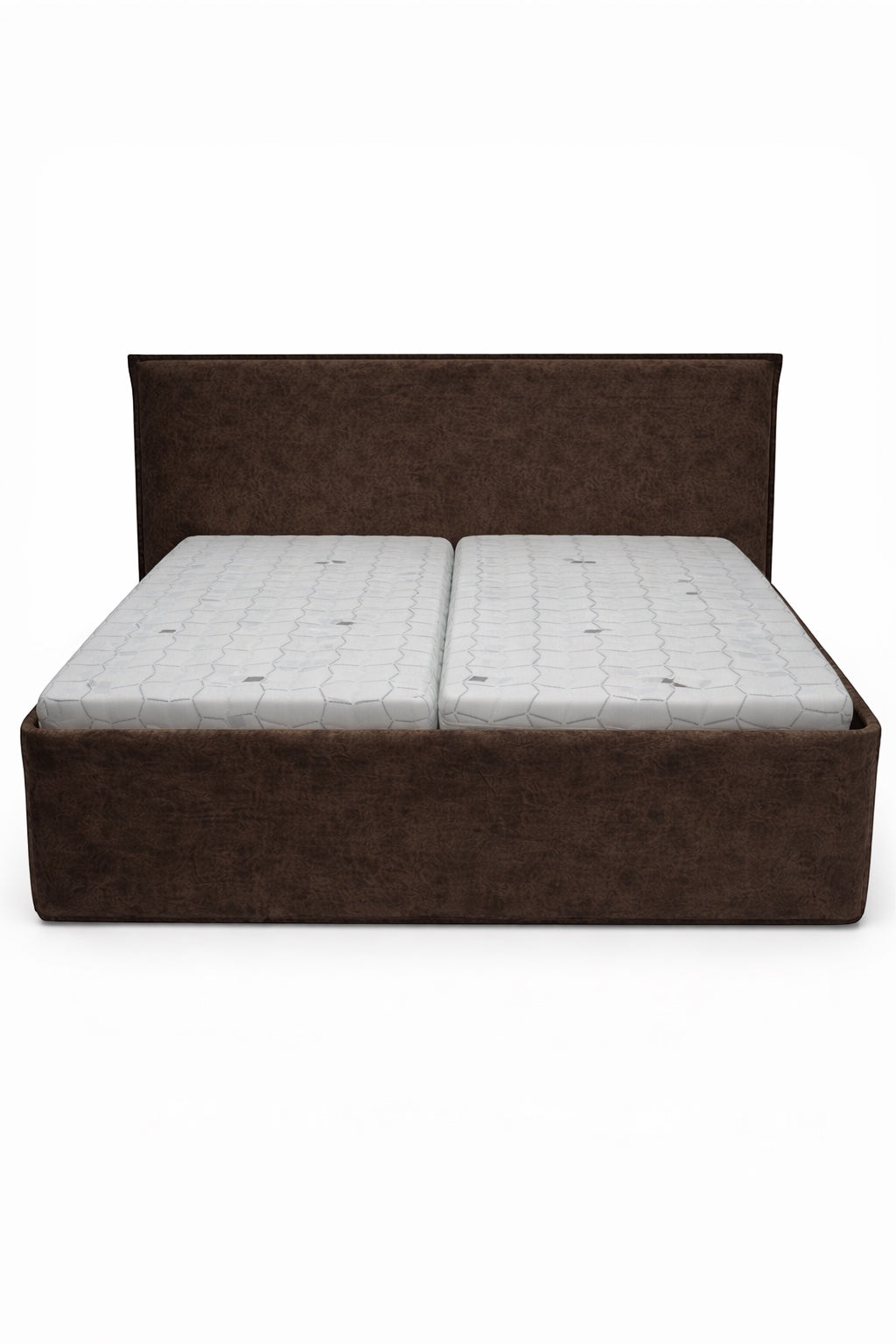 Front view of the Vaya Home Chester upholstered bed with a brown faux leather frame and straight headboard.